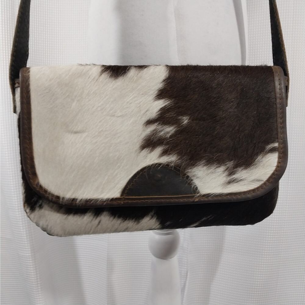 RICH BROWN AND WHITE GENUINE COWHIDE LEATHER CROSSBODY PURSE, BAG, HANDBAG! - Picture 3 of 10